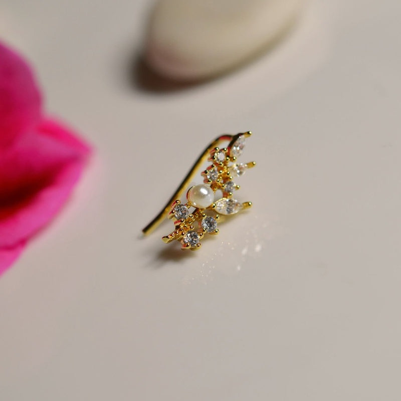 Leaf Earring With Pearls For Cartilage Leaf Earrings Cartilage Earrings Leaf Piercing Single Gold Earrings Silver Earrings