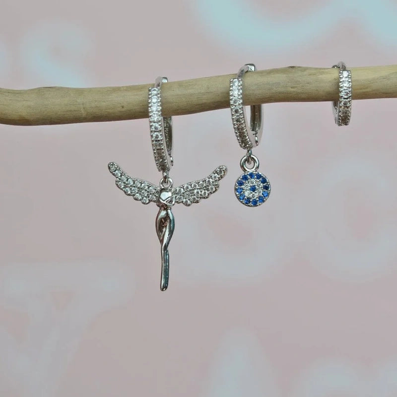 Angel Earrings Dangle Earrings Drop Earrings Evil Eye Earring Set 3 Of Set Triple Set Earring Set Silver