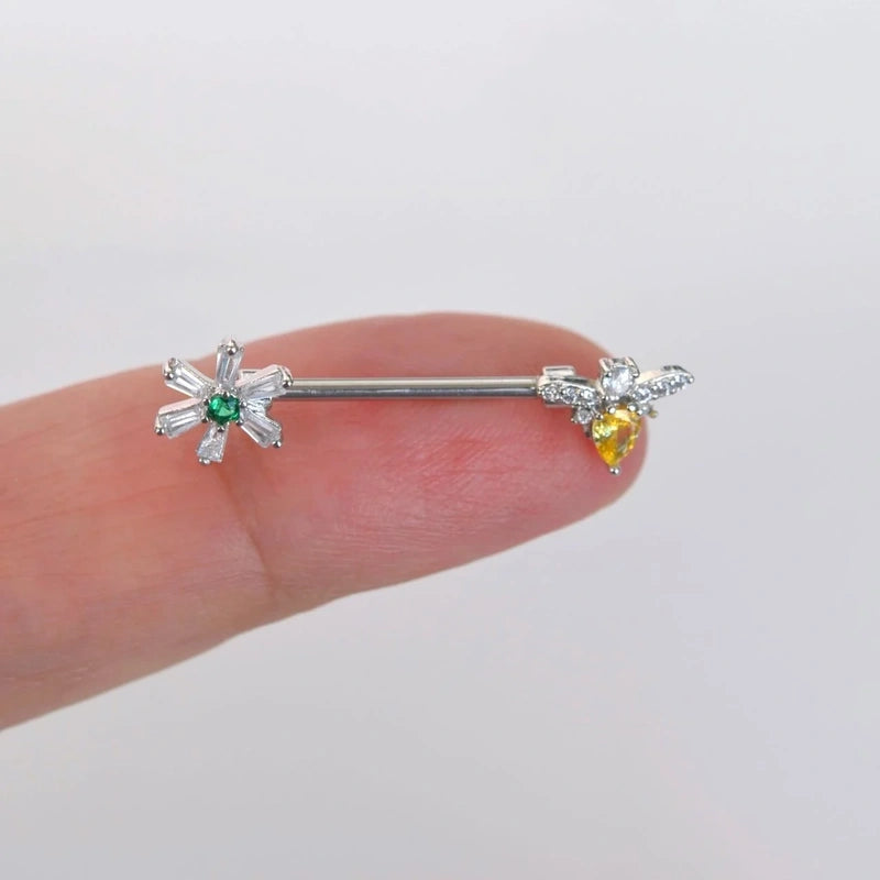 Flower and Bee  Nipple Piercing Nipple Barbells Nipple Bar Body Piercing Bridge Barbells Body Jewelry Silver
