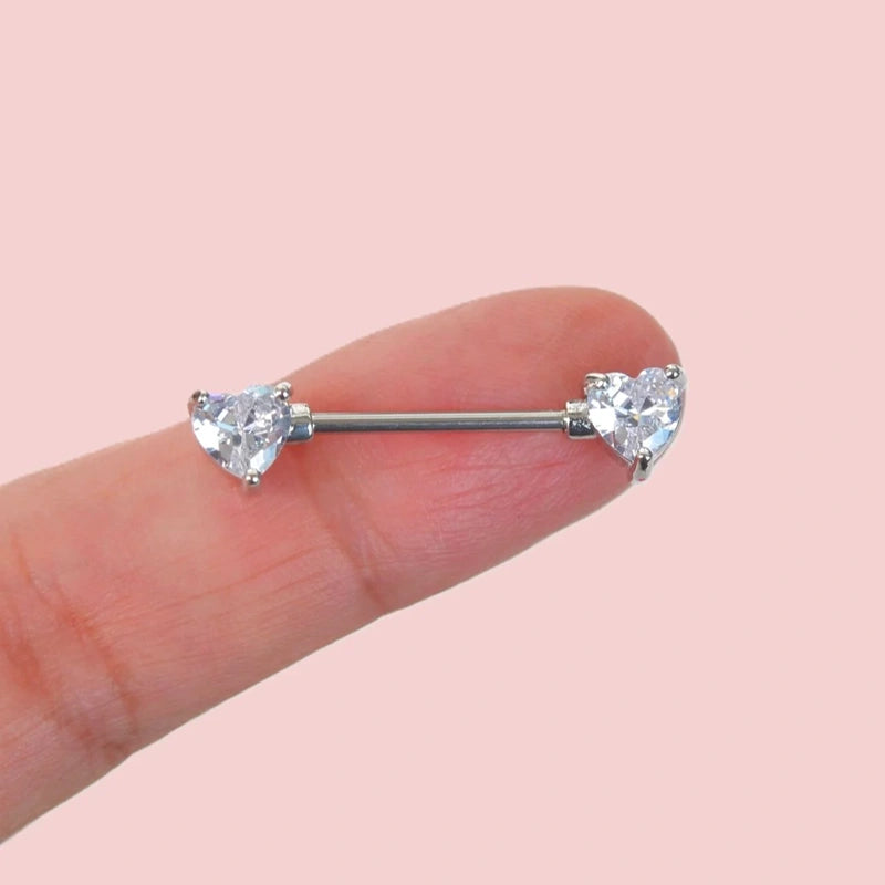 16 mm Heart Stones Nipple Piercing Nipple Barbells Nipple Bar Body Piercing Bridge Barbells Body Jewelry Heart Piercing Silver