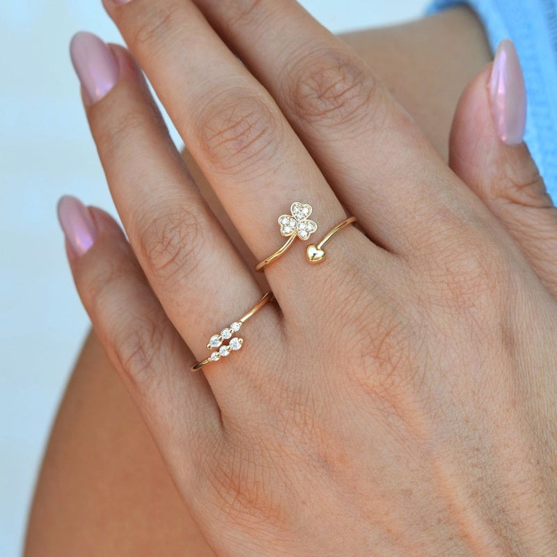 2 Of Set Ring Lucky Charm Minimalist Rings Adjustable Clover Zircon Ring Set  Gold and Silver